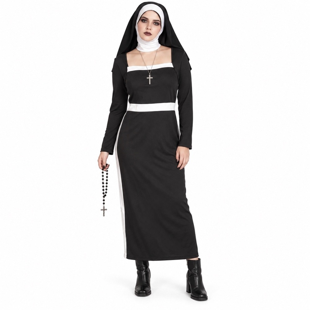 Gothic Nun Black White Maxi Dress Halloween Costume XL